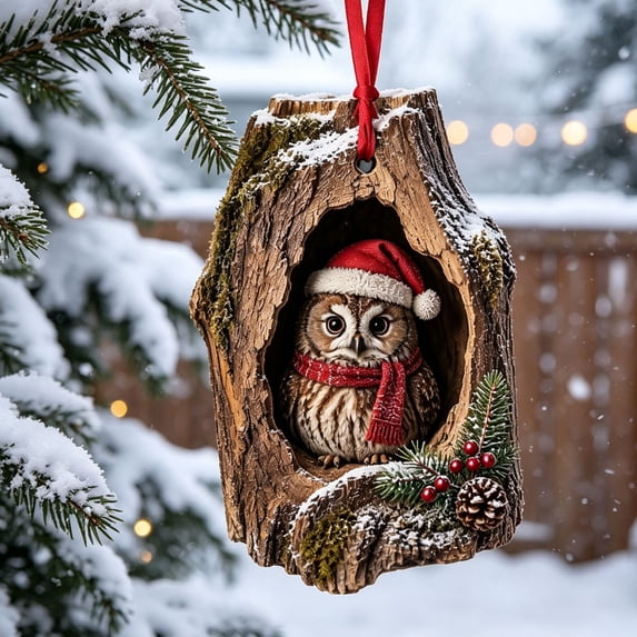 Christmas Tree Ornament, Rustic Woodland Owl Acrylic Pendant for Indoor Christmas Tree, Holiday Party Hanging Decor, 3.15 Inch with Red Ribbon