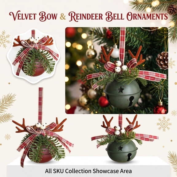 Christmas Tree Ornament Set with Velvet Bows, Jingle Bells, and Reindeer Antlers, Rustic Holiday Hanging Decorations for Tree and Home Party Decor, 1Pack Dark Green