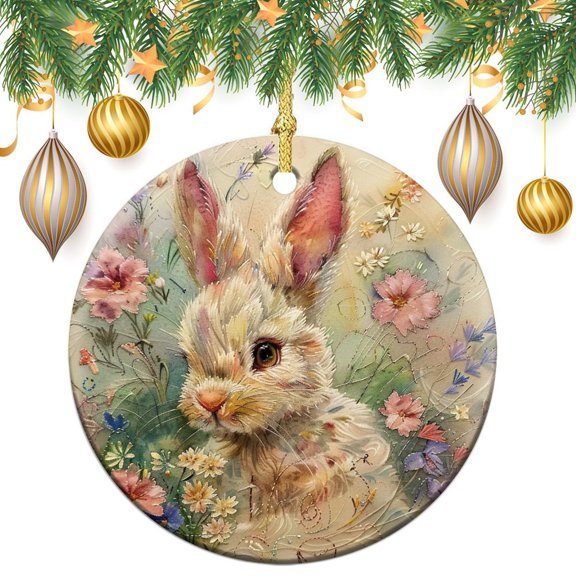Christmas Tree Ornament Watercolor Painting Of Spring Bunny With Flowers 2 Side Printed Ornaments Spring Flower Grass Around The Rabbit Ornament Xmas Ornament for Family Sister Friends