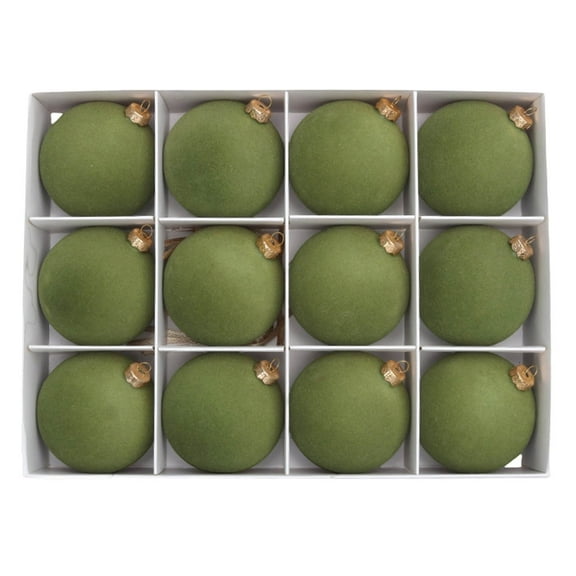 Christmas Tree Ornaments, 12-Pack Flocked Velvet Balls Hanging Decorations, 2.4 Inch Plastic Xmas Balls for Holiday Tree Home Party Decor(Army Green)