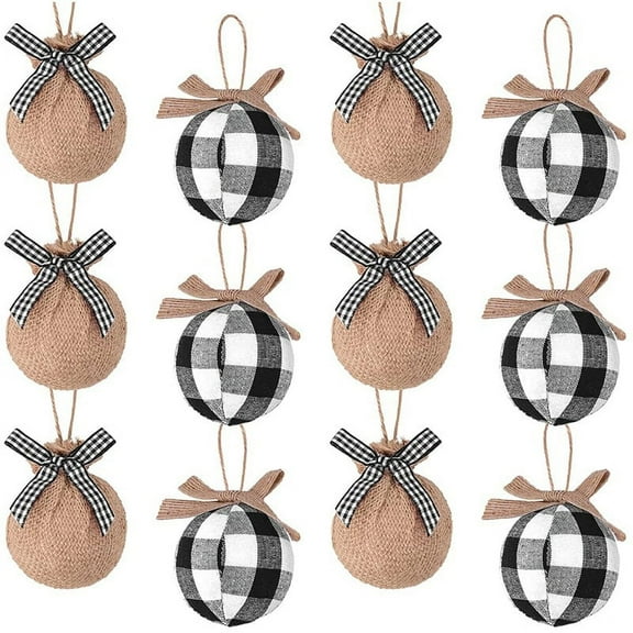 Christmas Tree Ornaments, 12 Pcs 2-1/2 Inches White Black Check Stitching Burlap Christmas