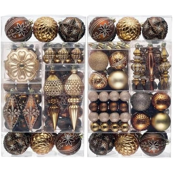 Christmas Tree Ornaments, 155ct Bronze Brown Copper and Gold Shatterproof Christmas Tree Decorations, Elegant Hanging Ball Ornaments Bulk for Xmas Holiday Wedding Party Decor