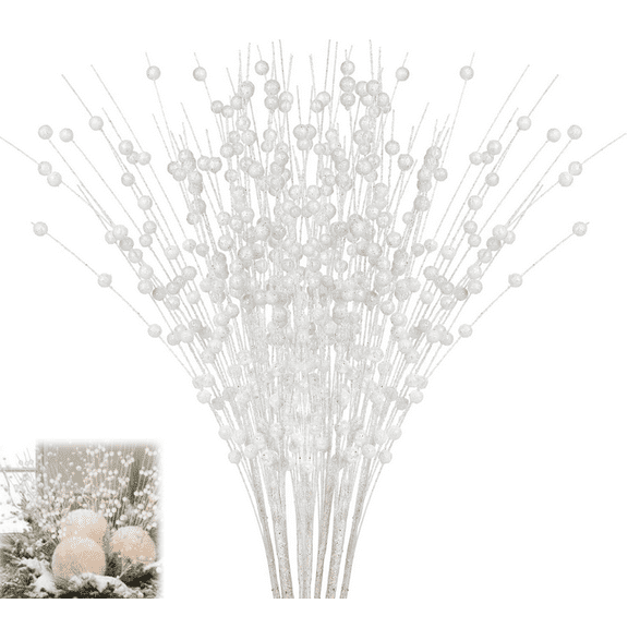 Christmas Tree Ornaments,17 Inch Artificial Glitter Branches, Christmas Berry Branches for Christmas Tree, Vase, Holiday, Wedding, Party Decor,White,10 pack