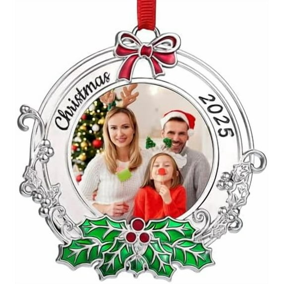 Christmas Tree Ornaments 2025 with Photo Frame Insert for Picture of Pets Friends Couple or Family, Metal Decorative Hanging Pendant Holiday Keepsake Gift