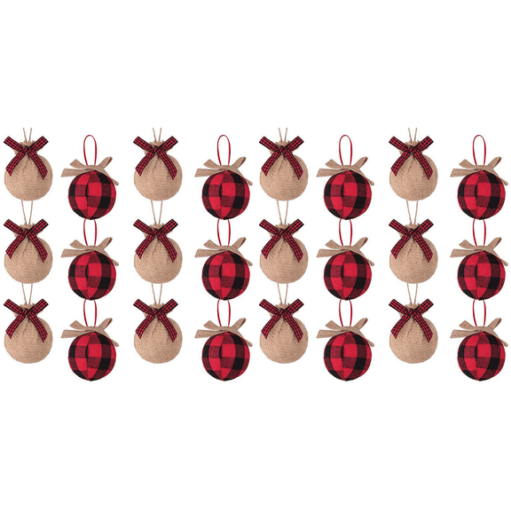 Christmas Tree Ornaments, 24Pcs 2-1/2 Inches Red Black Check Plaid Stitching Burlap Decorations
