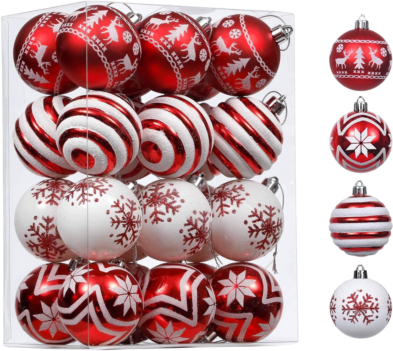 Christmas Tree Ornaments, 24ct 2.36 inches Red and White Shatterproof