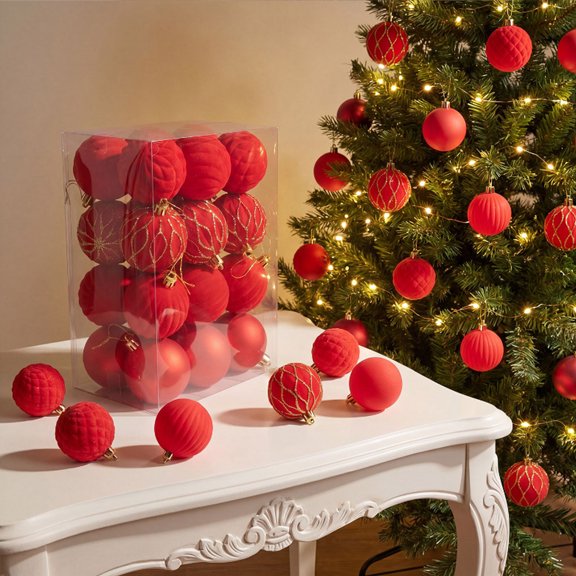 Christmas Tree Ornaments 24pcs 2.36in Assorted Christmas Decorations with Various Shapes and Styles for Hanging on Tree Flocked Holiday Ornament Kit for Home,Office,Party,Wedding