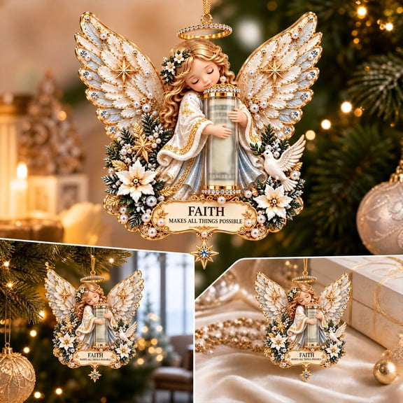 Christmas Tree Ornaments, Angel Acrylic Money Holder with Festive Blessing Design and Built In Cash Slot, Decorative Holiday Cash Gift Ornament for Christmas Tree Window Mantel and Gift Giving