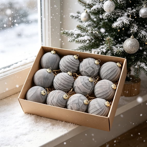 Christmas Tree Ornaments Balls, 12 Pack 2.4 Inch Flocked Velvet Christmas Tree Ornaments Plastic Balls