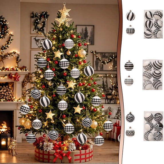 Christmas Tree Ornaments Balls, 6 Pack 6cm Black and White Shaped Christmas Ball Ornament Set