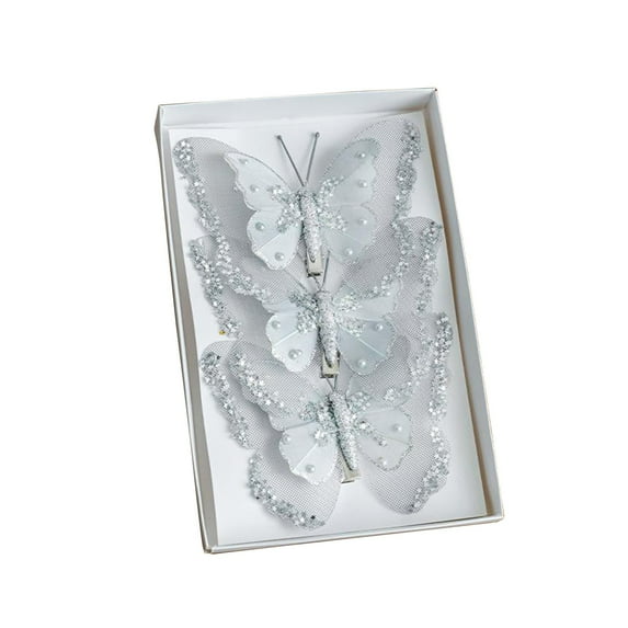 Christmas Tree Ornaments, Butterfly Tree Decorations, Pack of 3 Handmade Glitter Mesh Butterflies with Clips for DIY Holiday Decor, Multi-Color Lightweight Plastic Pendants, 7.87x5.24 Inch