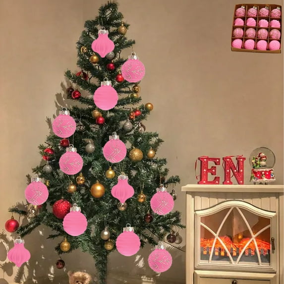 Christmas Tree Ornaments, Christmas Decorations Set, Flocked Christmas Balls 16 Piece Variety Pack for Holiday Tree Decor, Pink Red Green Multicolor Suede Material Hanging Ornaments