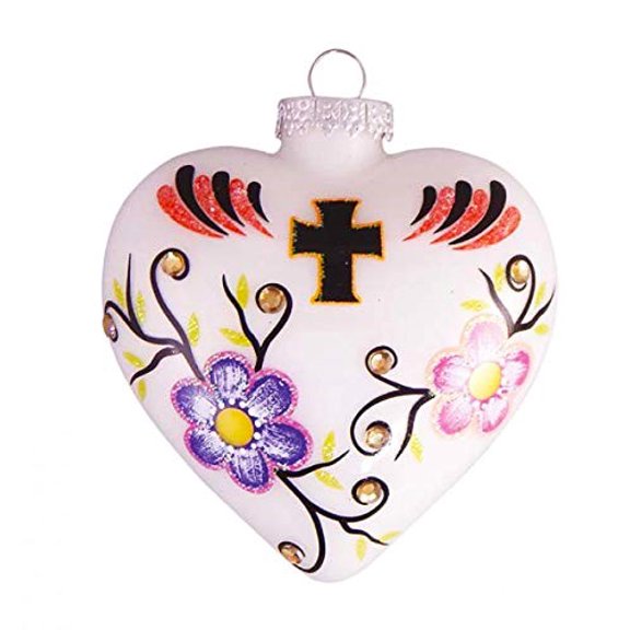 Christmas Tree Ornaments - Figurine Glass from Christmas By Krebs - Handcrafted Hanging Holiday Decor for Trees (4" White Day of the Dead Heart)