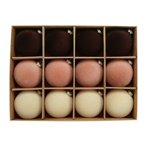 Christmas Tree Ornaments, Flocked Christmas Balls, 12-Pack Plastic Xmas Decorative Hanging Balls with Velvet Texture, Brown Color, 4 Inch Diameter, Easy to Hang, Durable Festive Decorations