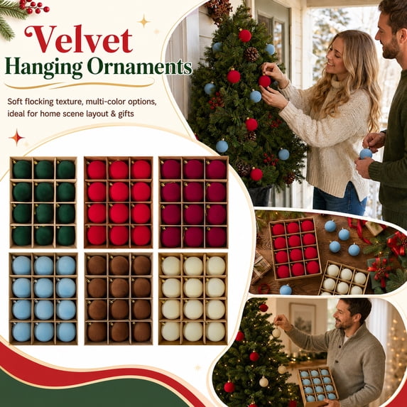 Christmas Tree Ornaments, Flocked Christmas Decor, Shatterproof Christmas Ornaments, Soft Texture Christmas Balls, 12 Pack 2.5 Inch Diameter Red Velvet Balls with Gold Tops,