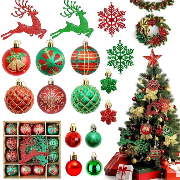 Christmas Tree Ornaments, Green Red Christmas Ball Ornaments Set of 40 Pack Shatterproof Plastic Xmas Decorations for Home Party Tree