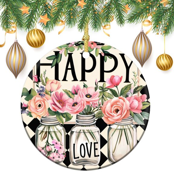 Christmas Tree Ornaments Happy Mothers Day Pink Floral Mason Jar Keepsake Gift Women Mama Nana Mom Mommy Gift Ornament Ceramic Ornament Xmas Tree Decor