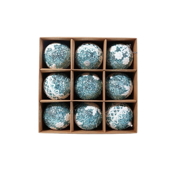 Christmas Tree Ornaments Ice Blue Glitter Floral Baubles 9 Pack Shatterproof Balls for Seasonal Home and Holiday Scene Arrangements