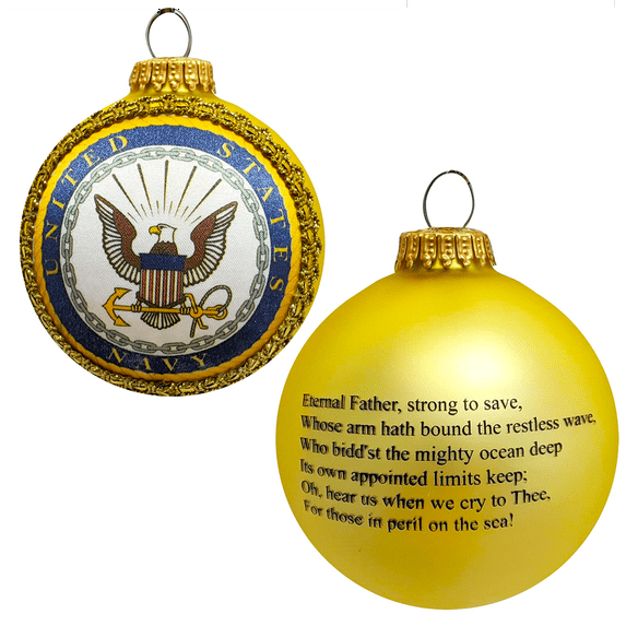 Christmas Tree Ornaments Made in the USA - 80mm / 3.25" Decorated Collectible Glass Balls from Christmas by Krebs - Handmade Hanging Holiday Decorations for Trees (Navy Emblem and Hymn, Silk)