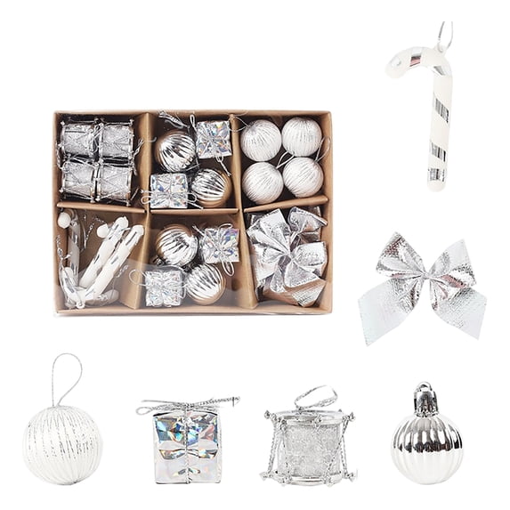 Christmas Tree Ornaments Set 24 Pcs Silver White Mini Hanging Baubles and Decor Pieces for Home Holiday Party Decor 24 Count Silver