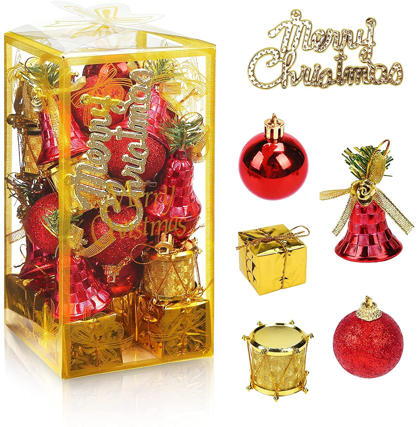 Christmas Tree Ornaments Set, 32PCS Mini Christmas Red and Gold Ball