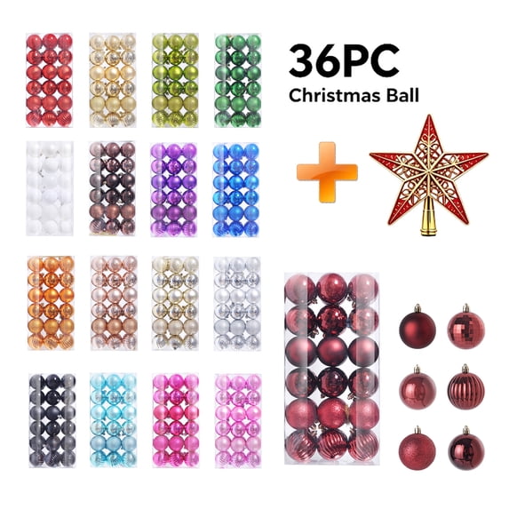 Christmas Tree Ornaments Set 36 Pack with Tree Topper Star, Shatterproof Plastic Christmas Balls with Hanging Loops, Mini Baubles for Xmas Tree, Wreath, Garland, Wedding, and Home Decor