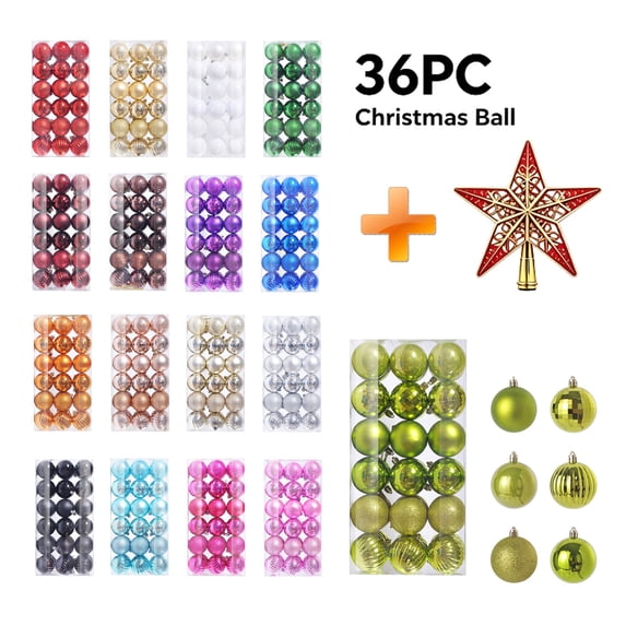 Christmas Tree Ornaments Set 36 Pack with Tree Topper Star, Shatterproof Plastic Christmas Balls with Hanging Loops, Mini Baubles for Xmas Tree, Wreath, Garland, Wedding, and Home Decor