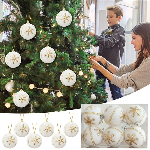 Christmas Tree Ornaments Set, 6 Pack 2.36 Inch White Velvet Balls with Gold Snowflake Pattern, Elegant Holiday Decorations for Tree, Home, and Party Décor