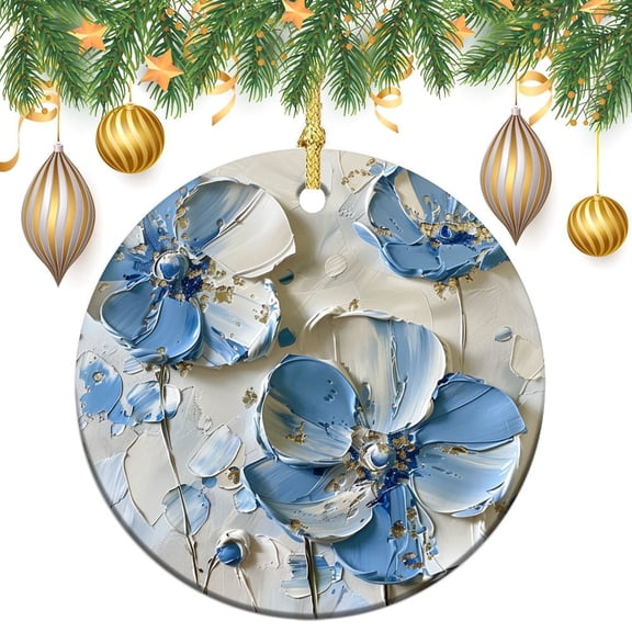 Christmas Tree Ornaments Spring Summer Floral Personalized Christmas Ornament Holiday Decor for Xmas Tree Ink Oil Painting Watercolor Blue Flowers Ceramic Ornament