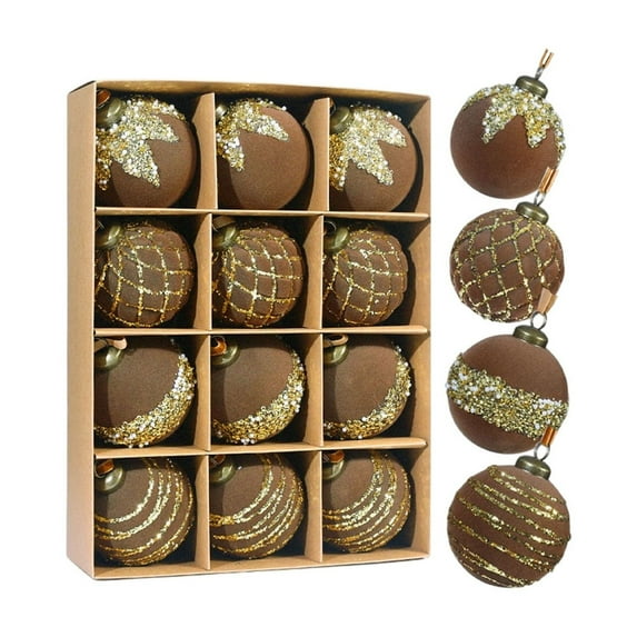 Christmas Tree Ornaments Velvet Balls, 12-Pack Flocked Velvet Christmas Tree Ball Ornaments Set, Retro Christmas Tree Ball with Glitter, Hanging Ornaments Christmas Tree Decoration