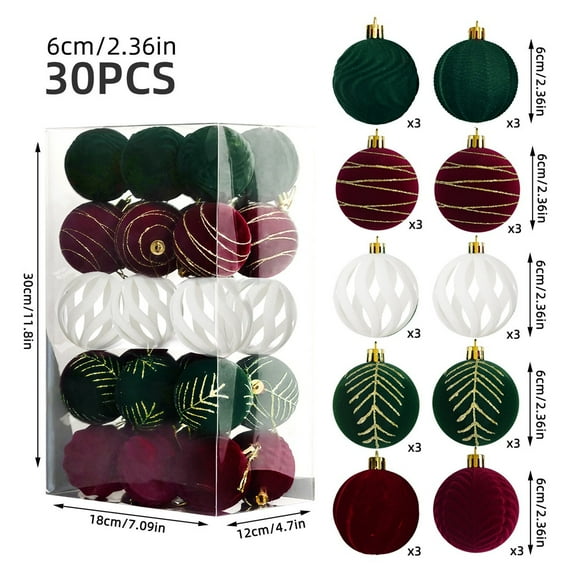Christmas Tree Ornaments, Velvet Christmas Balls, 30 Pcs Flocked Plastic Xmas Hanging Decorations, Durable Multi-Use Festive Holiday Decor Set