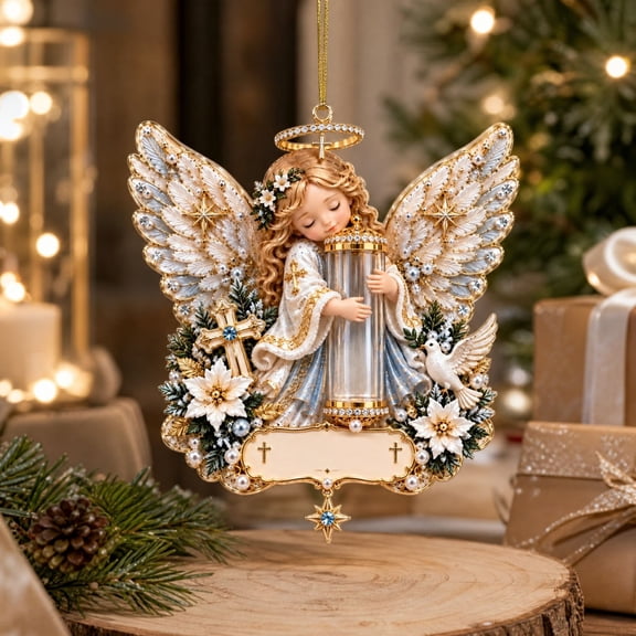 Christmas Tree Ornaments with 2D Flat Angel Design and Cash Slot, 5 Inch, White and Gold, for Holiday Tree Hanging, Angel Ornament