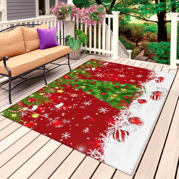 Christmas Tree Outdoor Rug 3x5 Ft, Non Slip Washable Area Rug, Red Winter Pine Branches Balls Snowflakes Patio Rugs Carpet Runner, Large Floor Mat for Indoor/Outdoor Deck Porch Camping