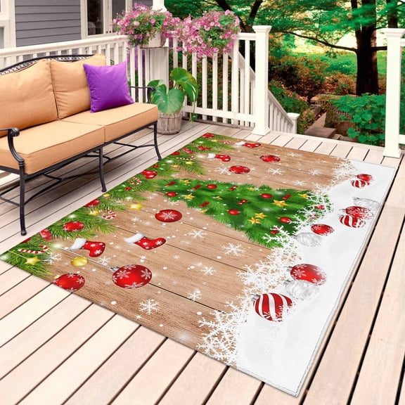 Christmas Tree Outdoor Rug 3x5 Ft, Non Slip Washable Area Rug, Xmas Red Balls Pine Branches Snowflakes New Year Patio Rugs Carpet Runner, Large Floor Mat for Indoor/Outdoor Deck Porch Camping