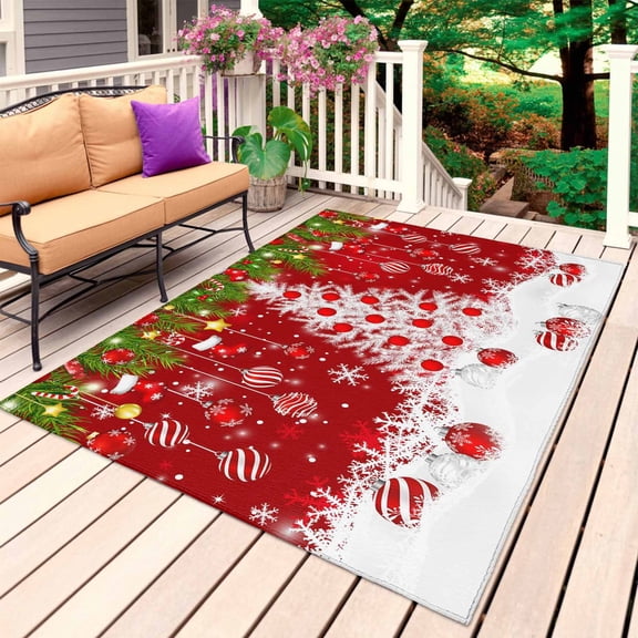 Christmas Tree Outdoor Rug 5x8 Ft, Non Slip Washable Area Rug, Xmas Red Balls Socks Pine Branch New Year Patio Rugs Carpet Runner, Large Floor Mat for Indoor/Outdoor Deck Porch Camping