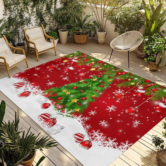 Christmas Tree Outdoor Rug 5x8 Ft - Reversible Patio Rug Outdoor Camping Rugs, Red Winter Pine Branches Balls Snowflakes Indoor Outdoor Area Rugs, Non-Slip Outdoor Carpet Runner for Deck/Porch