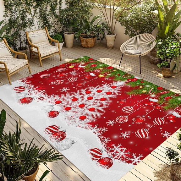 Christmas Tree Outdoor Rug 5x8 Ft - Reversible Patio Rug Outdoor Camping Rugs, Xmas Red Balls Socks Pine Branch New Year Indoor Outdoor Area Rugs, Non-Slip Outdoor Carpet Runner for Deck/Porch