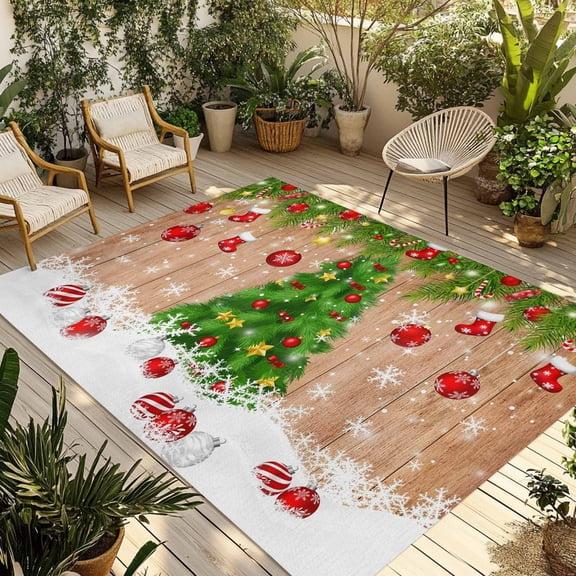 Christmas Tree Outdoor Rug for Patio/Deck/Porch, Non-Slip Large Area Rug 3 x 5 Ft, Xmas Red Balls Pine Branches Snowflakes New Year Indoor Outdoor Rugs Washable Area Rugs, Camping Rug Carpet Runner