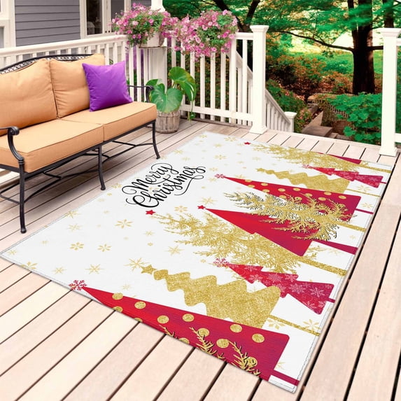 Christmas Tree Outdoor Rug for Patio/Deck/Porch, Non-Slip Large Area Rug 5 x 8 Ft, Red Xmas Tree Winter Snowflakes Abstract Indoor Outdoor Rugs Washable Area Rugs, Camping Rug Carpet Runner