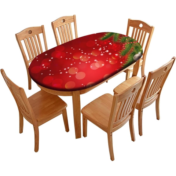 Christmas Tree Oval Fitted Tablecloths, Red Ball and Snowflakes Washable Spill Proof Table Cloth, Elastic Indoor Outdoor Oblong Table Cover for Kitchen Picnic Party, Fits to 48" W x 68" L Table