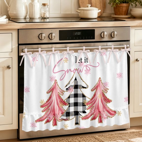 Christmas Tree Oven Skirt Curtain 32"Wx24"L,Waterproof Ruffled Stove Cover Skirt with 8 Ribbon Ties,Winter Xmas Yellow Pink Snowflake Decorative Oven Door Curtains Drapes for Kitchen Cabinet Storage