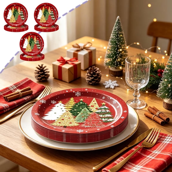 Christmas Tree Paper Plates 24 Pack - 9 Inch Red Disposable Dinnerware for Main Course, Holiday Party Table Decor Supplies