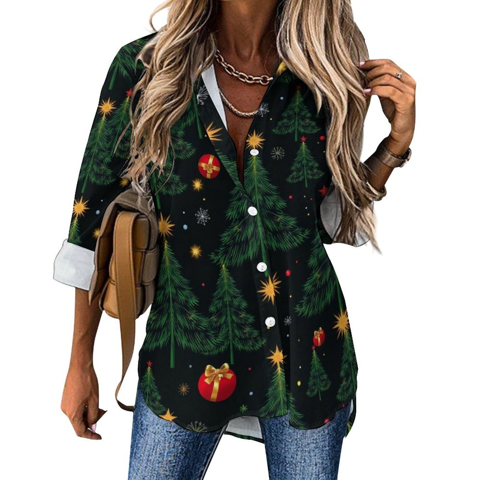 Christmas Tree Pattern Blouse Female Casual Loose Blouses Long-Sleeve