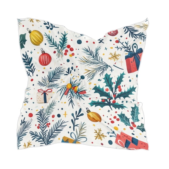 Christmas Tree Pattern with Gift Boxes and Bells Square Silk Scarf, 23.6223.62in Polyester Simulated Silk Satin Scarf Tops for Women Head Wraps Shirt Bandana Curly Hair Tie Headband Headscarf