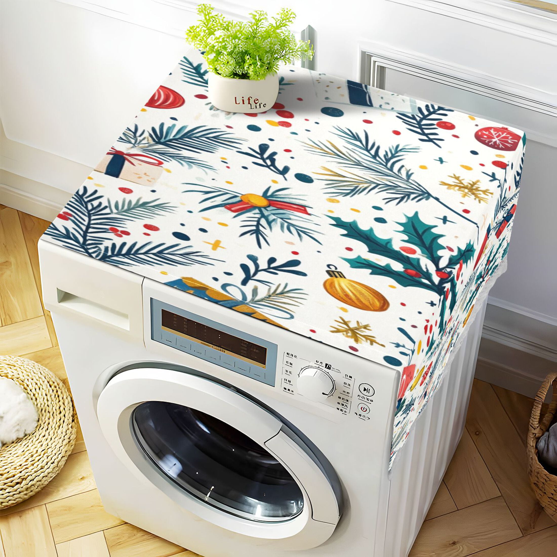 Christmas Tree Pattern with Gift Boxes and BellsWasher and Dryer Covers Dust-Proof and Oil Resistant Fridge Cover with 4 Storage Pockets Washing Machine Top Cover for Laundry Kitchen Home 51.2 x 22 I