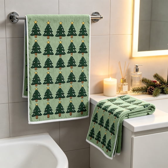 Christmas Tree Pattern Hand Towels Set Of 2 Soft Absorbent Kitchen Bathroom Dish Towels For Holiday Home Decoration