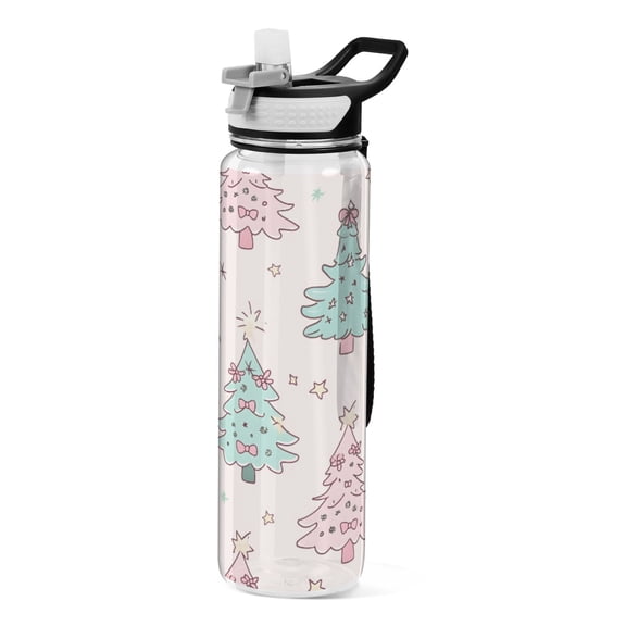 Christmas Tree Pattern Sport Water Bottle Tritan with Straw 1000ml Portable for Outdoor Daily Use