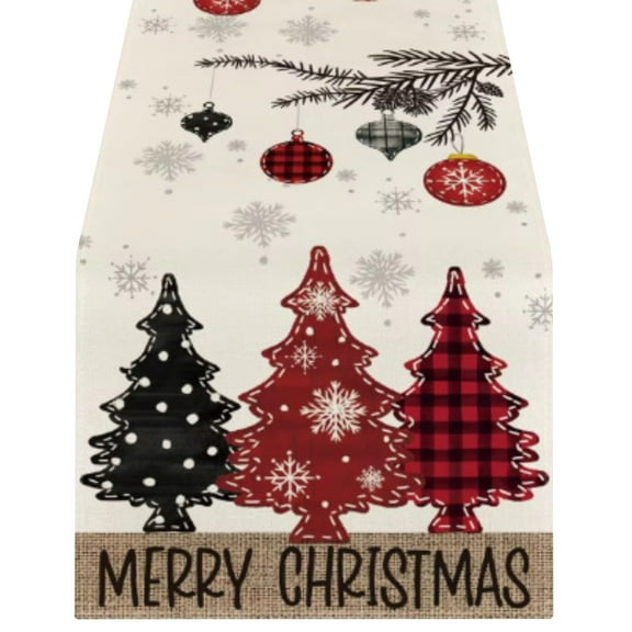 Christmas Tree Pattern Table Runner with Snowflake and Ornament Print for Holiday Dining Room Kitchen Decor Linen Fabric