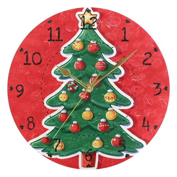 Christmas Tree Pattern with Star Lights Round Wall Clock Silent Analog Battery Operated Gold Pointer Home Decor 9.84" Diameter