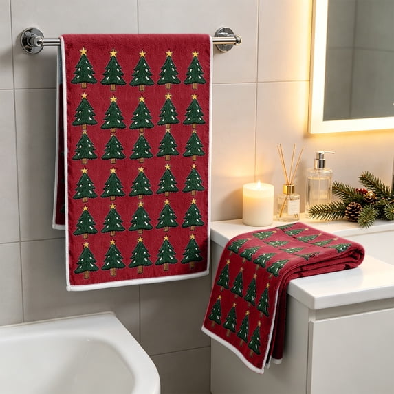 Christmas Tree Patterns Towels,2 Pcs Christmas Tree Jacquard Hand Towels,Absorbent Dish Towels for Kitchen & Bathroom,23.6 x 15.7 Inch(Red)